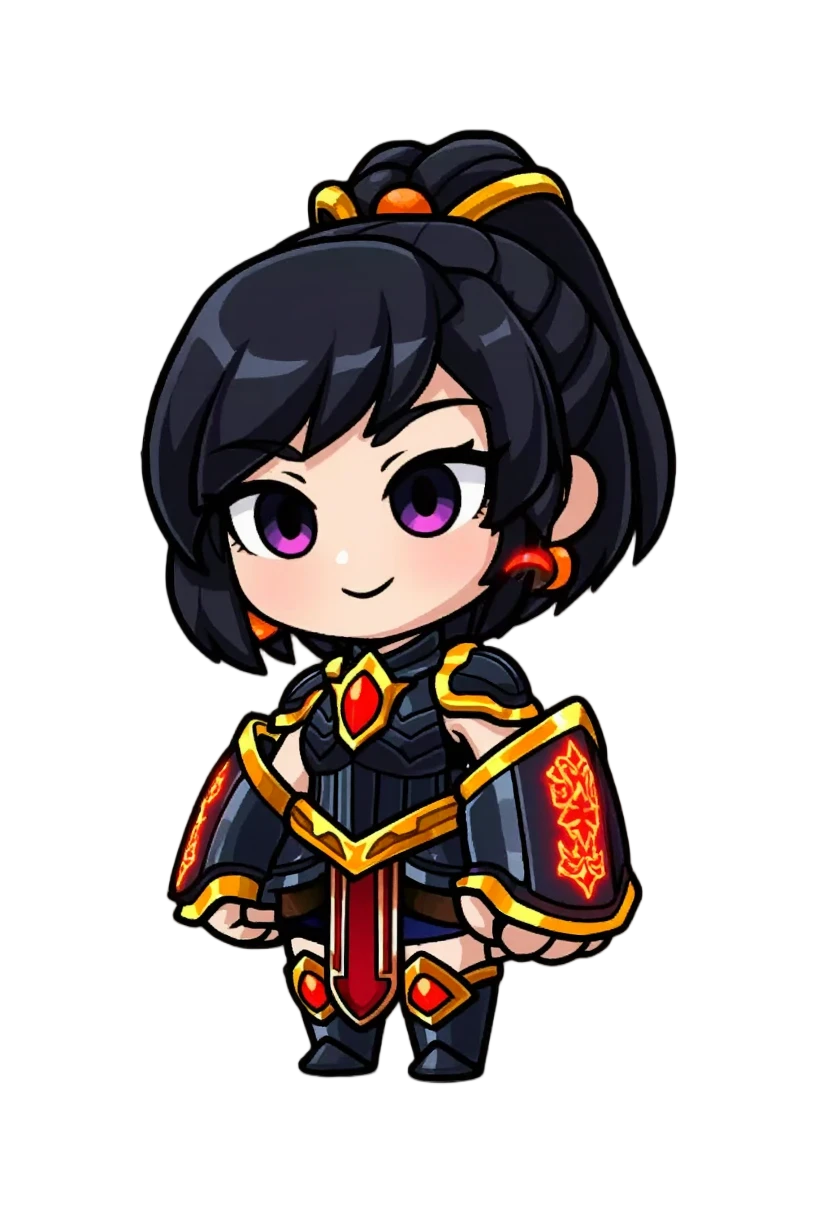 IP GPU Image Generation: A chibi female gauntlet warrior in a Chinese-style design, big head and small body proportions, wearing flashy fantasy armor.