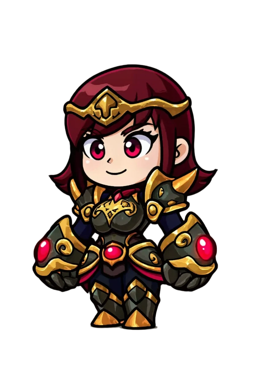 IP GPU Image Generation: A chibi female gauntlet warrior, big head and small body proportions, wearing flashy fantasy armor in black and gold with red gem accents, cute face.