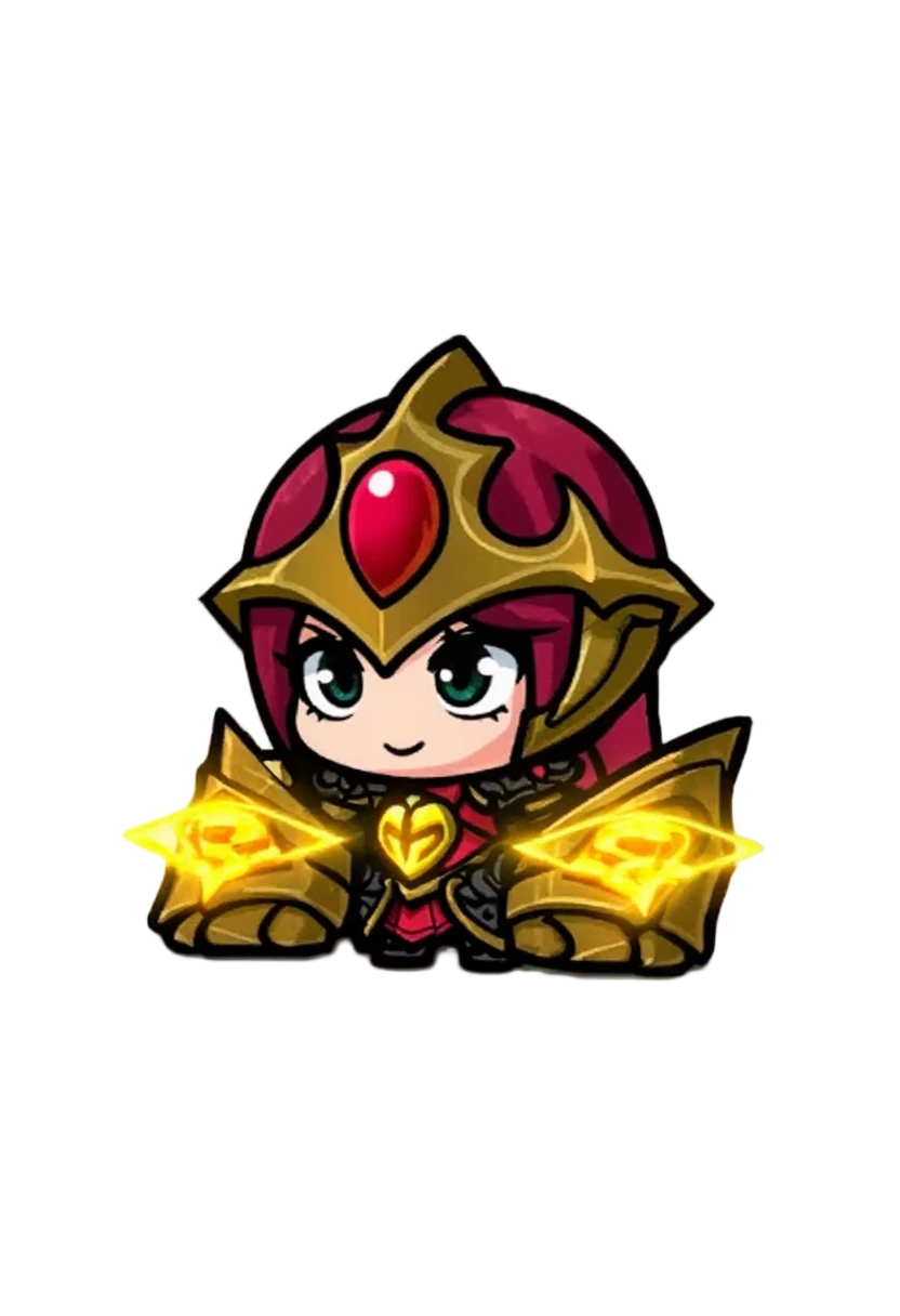 IP GPU Image Generation: A 2-head-tall chibi female gauntlet knight, gold armor with red gems, glowing golden magic energy from large gauntlets, heart motif accents, cute expression.