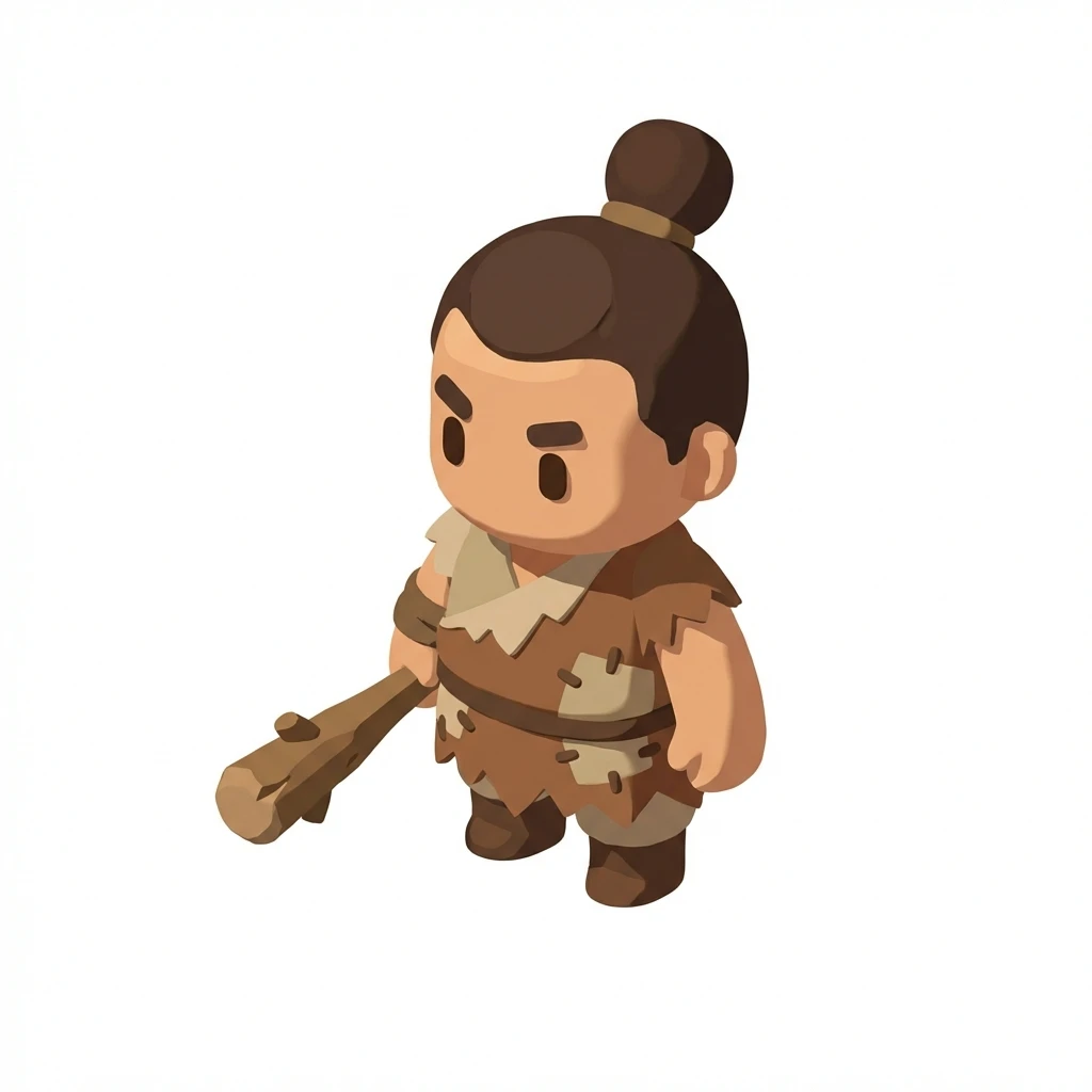 Prompt: Isometric quarter view, Korean-style 3D chibi game character, wearing simple beginner-level clothing, standing while holding a wooden club.
