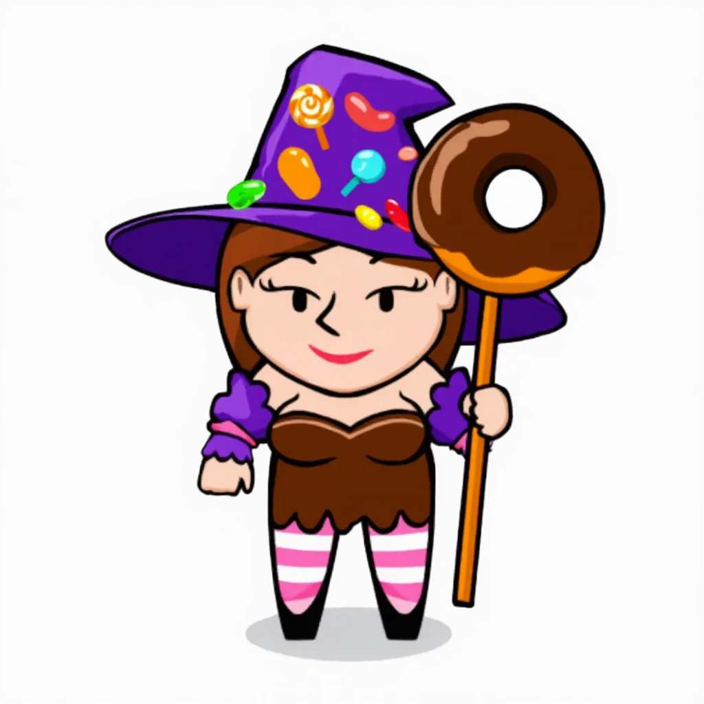 이미지 생성: 도넛 모양의 지팡이를 들고 캔디 모자를 착용한 여성 마법사