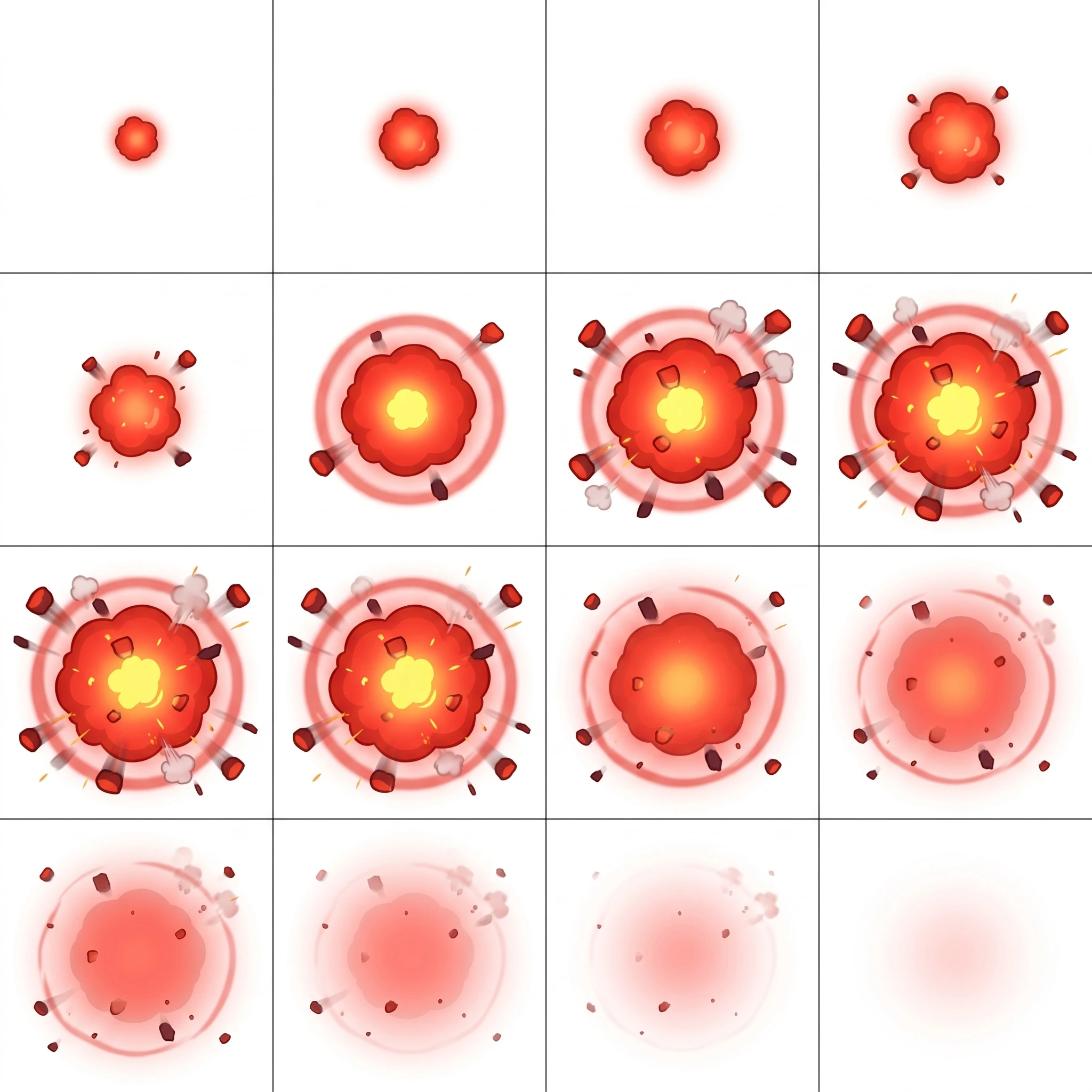 Effect Generation: A red explosion effect, with fragments scattering in all directions, in a casual style.