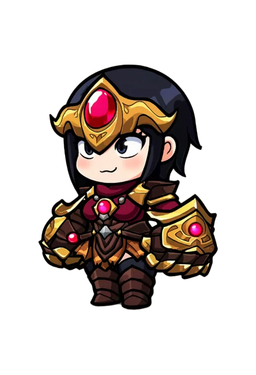 IP GPU Image Generation: A chibi female gauntlet warrior, big head and small body proportions, wearing flashy fantasy armor in black & gold with red gem accents, cute face.